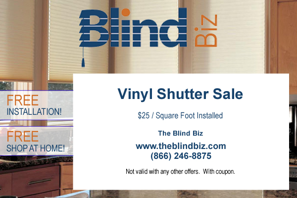 Blind Biz vinyl shutter sale: $25 per square foot installed
